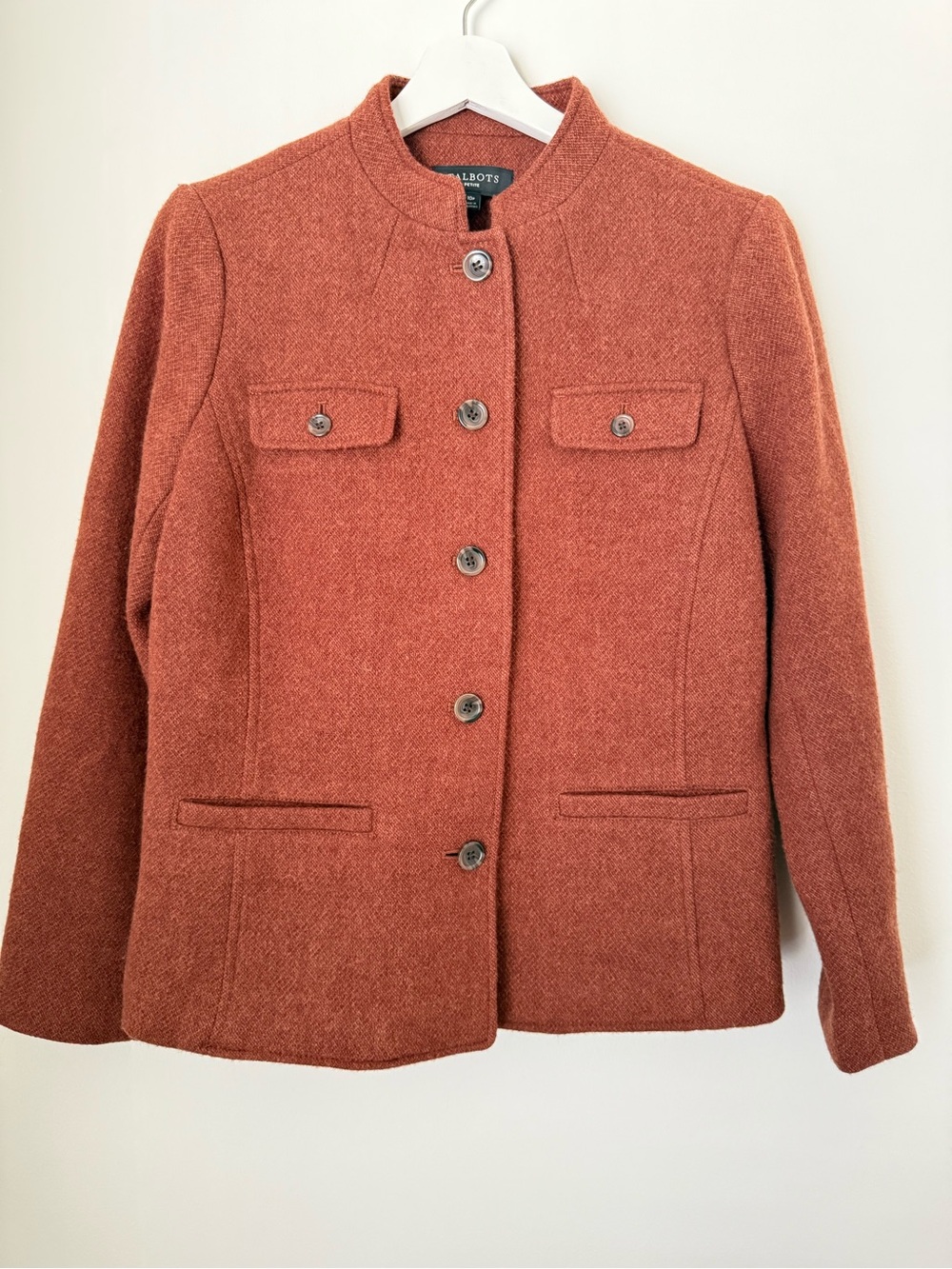 Talbots Petites Wool Blend Band Collar Jacket Rust 10P NEW